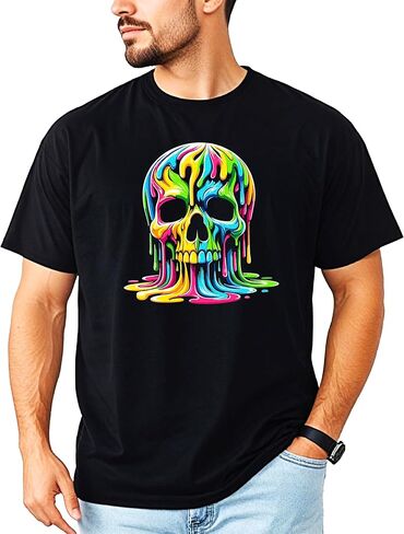 Olive Loves Apple Colorful Neon Melting Skull Shirt for Men Vibrant Dripping Skeleton Adult Graphic Tee in Saudi Arabia