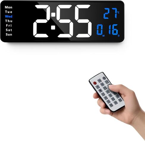 ساعة حائط رقمية من Lgooiin بشاشة عرض كبيرة، 16.2 بوصة، ساعة رقمية LED مع جهاز تحكم عن بعد لديكور غرفة المعيشة، سطوع تلقائي خافت مع درجة حرارة أسبوع التاريخ in Kuwait