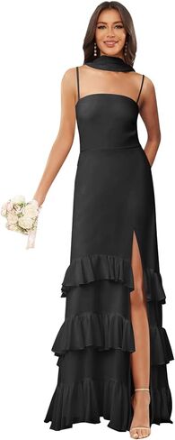 GUKARLEED Women’s Ruffles Chiffon Bridesmaid Dresses with Scarf Slit Long Formal Dress Scoop Neck Ruched Wedding Guest Dress in Kuwait