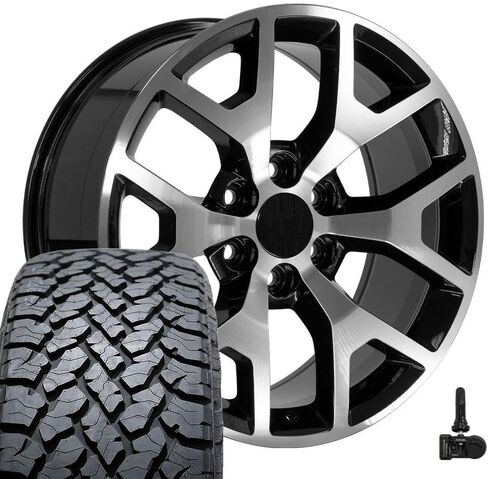 إطارات وإطارات OE Wheels CV92 مقاس 20 بوصة تناسب طراز Sierra 1500 على شكل قرص العسل 6x139.7 20x9 مصنعة باللون الأسود اللامع - هولاندر 5656 - TS-37 AT 275/55-20 (مجموعة من 4) in Saudi Arabia