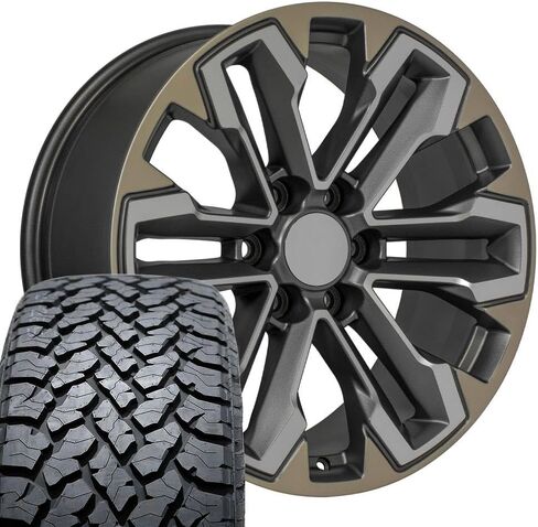 OE Wheels CV69 20 Inch Rims and Tires Fit Silverado 1500 Style 6x139.7 20x9 Satin Gunmetal Machined Face - Two Tone - Hollander 5905 - TS-37 AT 275/55-20 (Set of 4) in Saudi Arabia