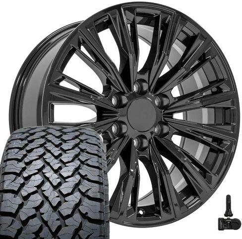 إطارات وإطارات OE Wheels CA93 مقاس 20 بوصة تناسب طراز سلسلة Escalade-V 6x139.7 20x9 أسود لامع - هولاندر 4869 - TS-37 AT 275/55-20 (مجموعة من 4) in Saudi Arabia