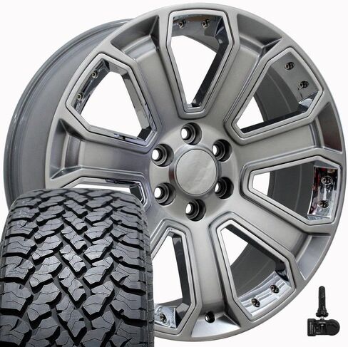 OE Wheels CV93 20 Inch Rims and Tires Fit Silverado 1500 Style 6x139.7 20x8.5 Gloss Hyper Black with Chrome Insert - Hollander 5660 - TS-37 AT 275/55-20 (Set of 4) in Saudi Arabia