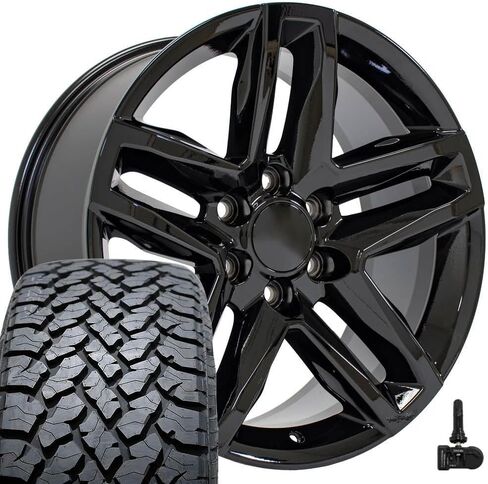 إطارات وإطارات OE Wheels CV34 مقاس 20 بوصة تناسب Silverado 1500 Trail Boss Style 6x139.7 20x9 أسود لامع - هولاندر 5911 - TS-37 AT 275/55-20 (مجموعة من 4) in Saudi Arabia