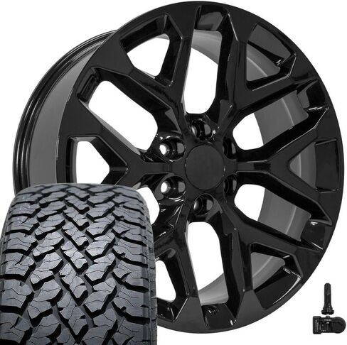 إطارات وإطارات OE Wheels CV98 مقاس 22 بوصة تناسب Silverado 1500 Snowflake Style 6x139.7 22x9 أسود لامع - هولاندر 5668 - TS-37 AT 285/45-22 (مجموعة من 4) in Saudi Arabia