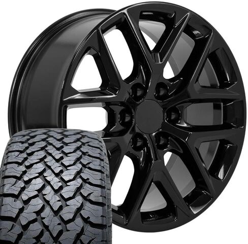OE Wheels CV62 20 Inch Rims and Tires Fit Silverado 1500 Style 6x139.7 20x9 Gloss Black - Hollander 14078 - TS-37 AT 275/55-20 (Set of 4) in Saudi Arabia