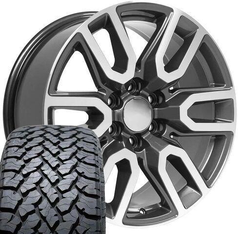 إطارات وإطارات OE Wheels CV36 مقاس 20 بوصة تناسب طراز Sierra 1500 مقاس 6x139.7 20x9 مصنوعة من المعدن اللامع - هولاندر 5914 - TS-37 AT 275/55-20 (مجموعة من 4) in Saudi Arabia