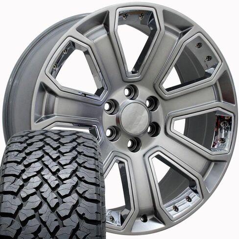 OE Wheels CV93 20 Inch Rims and Tires Fit Silverado 1500 Style 6x139.7 20x8.5 Gloss Hyper Black with Chrome Insert - Hollander 5660 - TS-37 AT 275/55-20 (Set of 4) in Saudi Arabia