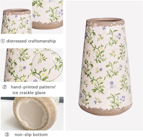 Vintage Ceramic Flower Vase with Floral Crackle Glaze, Rustic Farmhouse Decorative Vase for Home Décor, Table Centerpiece for Mother’s Day, Birthday, or Housewarming in Saudi Arabia