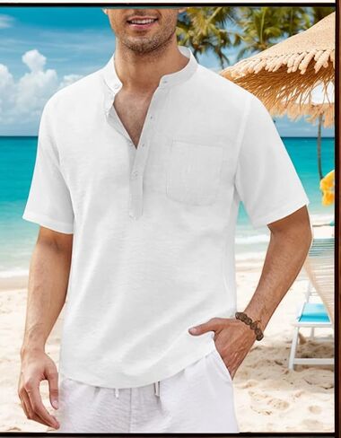 تي شيرت رجالي من الكتان Henley بأكمام قصيرة من Hippie كاجوال للشاطئ مع جيب in Saudi Arabia