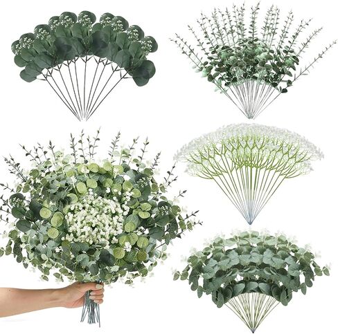 100 Pcs 4 Kinds Mixed Artificial Eucalyptus Greenery Stems, Babys Breath Artificial Flowers Bulk with Faux Silver Dollar Eucalyptus Leaves for DIY Bouquets Wedding Party Home Decor in Saudi Arabia