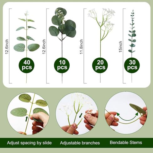 100 Pcs 4 Kinds Mixed Artificial Eucalyptus Greenery Stems, Babys Breath Artificial Flowers Bulk with Faux Silver Dollar Eucalyptus Leaves for DIY Bouquets Wedding Party Home Decor in Saudi Arabia