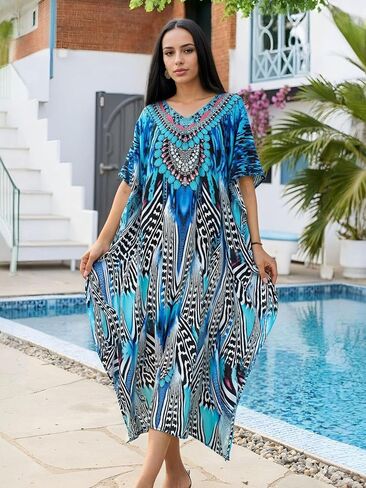 Dress for Swimwear Women Plus Size Bathing Suit Cover Up Beach Robe Blue in Saudi Arabia