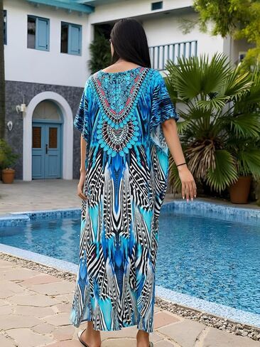Dress for Swimwear Women Plus Size Bathing Suit Cover Up Beach Robe Blue in Saudi Arabia