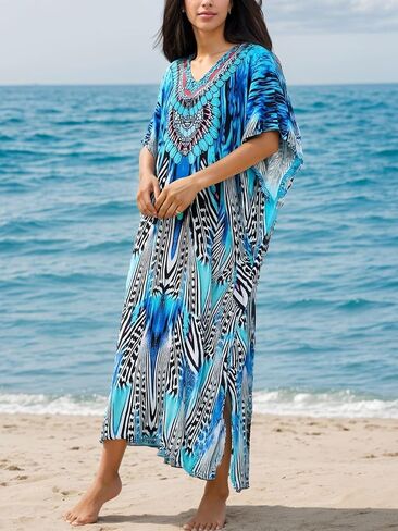 Dress for Swimwear Women Plus Size Bathing Suit Cover Up Beach Robe Blue in Saudi Arabia