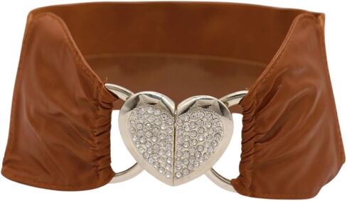 Women Brown Wide Fashion Belt - Elastic Waistband High Waist Hip Silver Love Heart Buckle S M z176 in Saudi Arabia