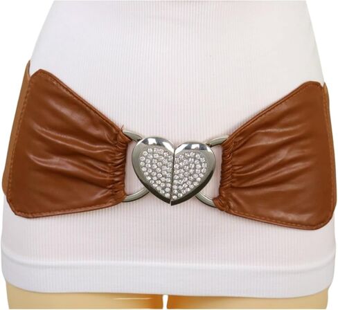 Women Brown Wide Fashion Belt - Elastic Waistband High Waist Hip Silver Love Heart Buckle S M z176 in Saudi Arabia