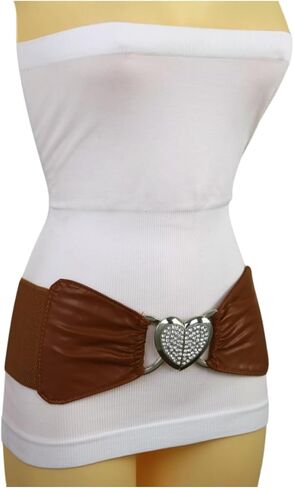 Women Brown Wide Fashion Belt - Elastic Waistband High Waist Hip Silver Love Heart Buckle S M z176 in Saudi Arabia