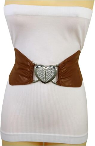 Women Brown Wide Fashion Belt - Elastic Waistband High Waist Hip Silver Love Heart Buckle S M z176 in Saudi Arabia