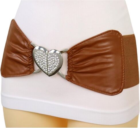 Women Brown Wide Fashion Belt - Elastic Waistband High Waist Hip Silver Love Heart Buckle S M z176 in Saudi Arabia