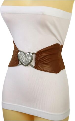 Women Brown Wide Fashion Belt - Elastic Waistband High Waist Hip Silver Love Heart Buckle S M z176 in Saudi Arabia