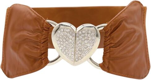 Women Brown Wide Fashion Belt - Elastic Waistband High Waist Hip Silver Love Heart Buckle S M z176 in Saudi Arabia