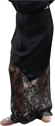 تنورة SHENHE النسائية الطويلة من الساتان مع حواف من الدانتيل على شكل حرف A للخريف، تنورة حريرية أنيقة للخروج in Kuwait