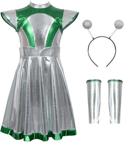 3 قطعة زي المرأة الغريبة فستان ميتاليك تأثيري هالوين روبوت الفضاء الخارجي الزي مع قفازات عقال in Kuwait