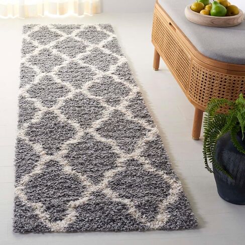 SAFAVIEH Dallas Shag Collection Runner Rug - 2'3" x 10', Grey & Ivory, Trellis Design, Non-Shedding & Easy Care, 1.5-inch Thick Ideal for High Traffic Areas in Living Room, Bedroom (SGD257G) in Saudi Arabia