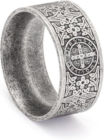 Exorcist Saint Benedict Vintage Titanium Steel Ring, Christian Protection Amulet 10mm Wide Band, Retro Religious Jewelry in Saudi Arabia