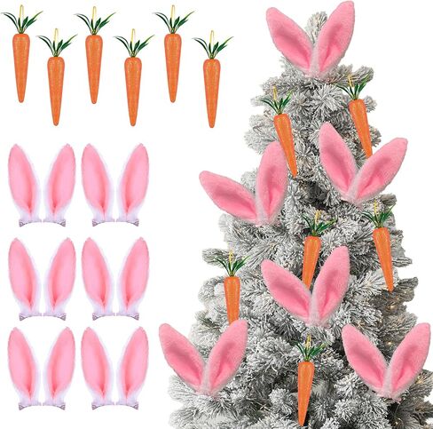 مجموعة 12 قطعة من زينة شجرة عيد الفصح آذان الأرنب والجزر - آذان أرنب بيضاء وردية منفوشة بمشبك مع زخارف جزر معلقة لديكور المنزل في حفلة عيد الفصح in Kuwait