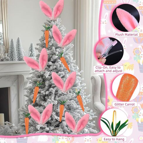 مجموعة 12 قطعة من زينة شجرة عيد الفصح آذان الأرنب والجزر - آذان أرنب بيضاء وردية منفوشة بمشبك مع زخارف جزر معلقة لديكور المنزل في حفلة عيد الفصح in Kuwait