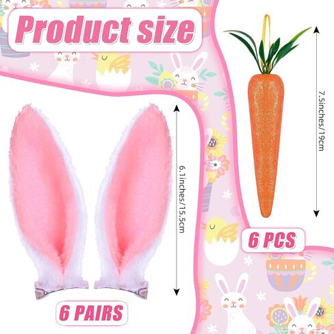 مجموعة 12 قطعة من زينة شجرة عيد الفصح آذان الأرنب والجزر - آذان أرنب بيضاء وردية منفوشة بمشبك مع زخارف جزر معلقة لديكور المنزل في حفلة عيد الفصح in Kuwait