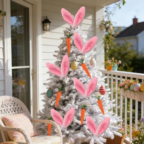 مجموعة 12 قطعة من زينة شجرة عيد الفصح آذان الأرنب والجزر - آذان أرنب بيضاء وردية منفوشة بمشبك مع زخارف جزر معلقة لديكور المنزل في حفلة عيد الفصح in Kuwait