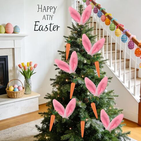 مجموعة 12 قطعة من زينة شجرة عيد الفصح آذان الأرنب والجزر - آذان أرنب بيضاء وردية منفوشة بمشبك مع زخارف جزر معلقة لديكور المنزل في حفلة عيد الفصح in Kuwait