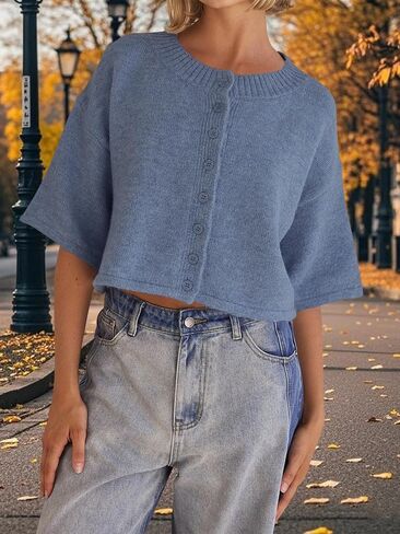 Womens Crew Neck Button Up Short Sleeve Knitted Cardigan Casual Solid Loose Lightweight Knitwear in Saudi Arabia