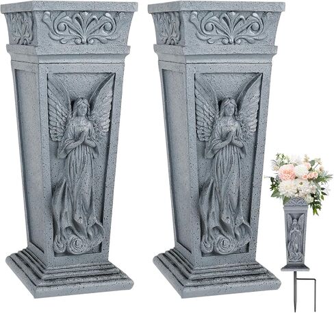 مزهريات مقبرة للقبر مع ارتفاع معدني، حامل زهور مقبرة الملاك التذكاري مع فتحة تصريف، ديكورات مقبرة للقبر، المقبرة، الحديقة، العشب (عبوتان) in Kuwait