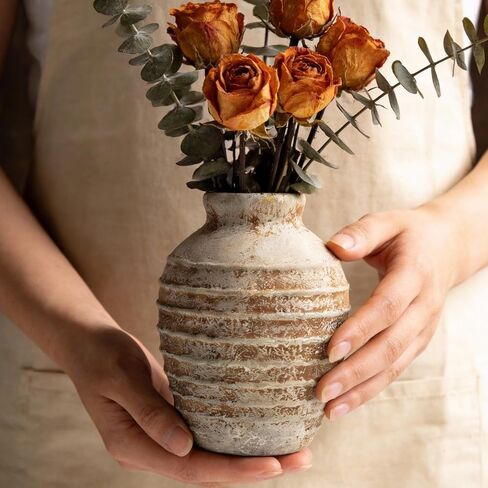 DOWAN Terracotta Ceramic Vase 6.6 بوصة، مزهرية فخارية مزخرفة ريفية عتيقة لديكور المنزل، مزهرية مركزية للمزرعة لمدفأة طاولة غرفة المعيشة، لهجة أرضية عتيقة in Kuwait