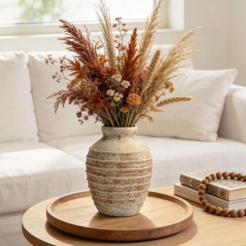DOWAN Terracotta Ceramic Vase 6.6 بوصة، مزهرية فخارية مزخرفة ريفية عتيقة لديكور المنزل، مزهرية مركزية للمزرعة لمدفأة طاولة غرفة المعيشة، لهجة أرضية عتيقة in Kuwait