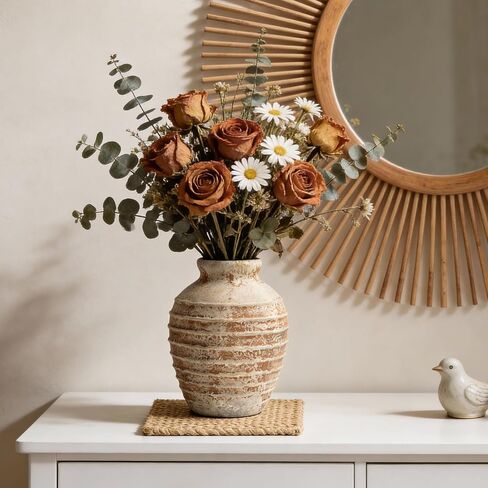 DOWAN Terracotta Ceramic Vase 6.6 بوصة، مزهرية فخارية مزخرفة ريفية عتيقة لديكور المنزل، مزهرية مركزية للمزرعة لمدفأة طاولة غرفة المعيشة، لهجة أرضية عتيقة in Kuwait