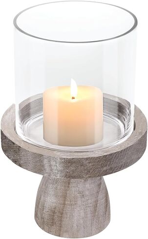 حامل شموع على شكل إعصار زجاجي واسع للمزرعة مقاس 7 بوصات ومزهرية زجاجية مع قاعدة خشبية متينة بنية عتيقة لترتيب الأعمدة والزهور، تررم، قطعة مركزية، طاولة وحدة التحكم، طاولة طعام، رف رف in Kuwait