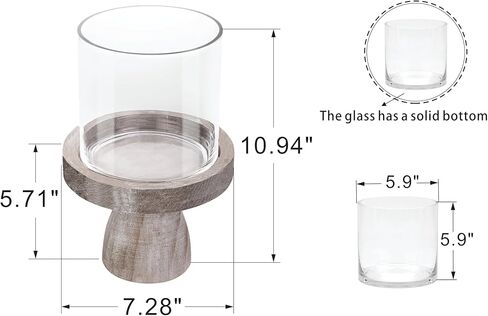 حامل شموع على شكل إعصار زجاجي واسع للمزرعة مقاس 7 بوصات ومزهرية زجاجية مع قاعدة خشبية متينة بنية عتيقة لترتيب الأعمدة والزهور، تررم، قطعة مركزية، طاولة وحدة التحكم، طاولة طعام، رف رف in Kuwait