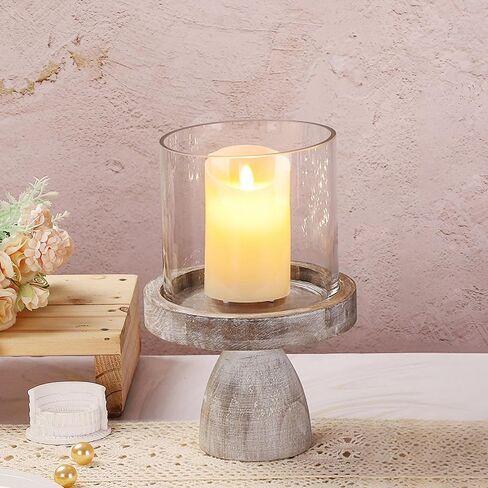 حامل شموع على شكل إعصار زجاجي واسع للمزرعة مقاس 7 بوصات ومزهرية زجاجية مع قاعدة خشبية متينة بنية عتيقة لترتيب الأعمدة والزهور، تررم، قطعة مركزية، طاولة وحدة التحكم، طاولة طعام، رف رف in Kuwait