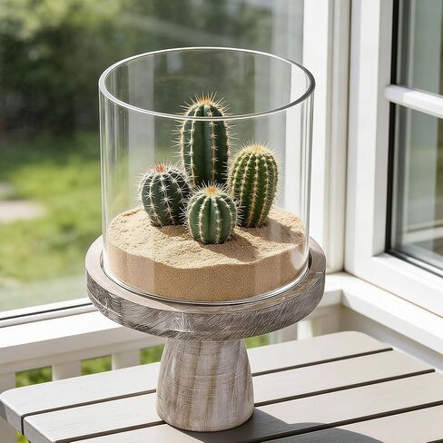 حامل شموع على شكل إعصار زجاجي واسع للمزرعة مقاس 7 بوصات ومزهرية زجاجية مع قاعدة خشبية متينة بنية عتيقة لترتيب الأعمدة والزهور، تررم، قطعة مركزية، طاولة وحدة التحكم، طاولة طعام، رف رف in Kuwait