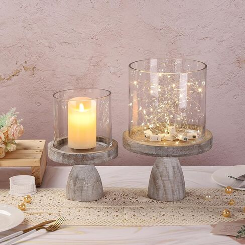 حامل شموع على شكل إعصار زجاجي واسع للمزرعة مقاس 7 بوصات ومزهرية زجاجية مع قاعدة خشبية متينة بنية عتيقة لترتيب الأعمدة والزهور، تررم، قطعة مركزية، طاولة وحدة التحكم، طاولة طعام، رف رف in Kuwait