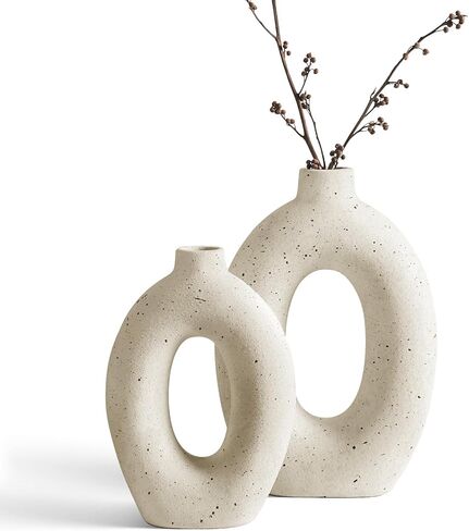 LE TAUCI Donut Vase Set of 2, 10.5" & 8.5" Hollow Ceramic Flower Vases, Nordic Decor Decorative Centerpiece for Living Room, Entry Table, Shelf, Mantel, Ivory Speckled in Saudi Arabia