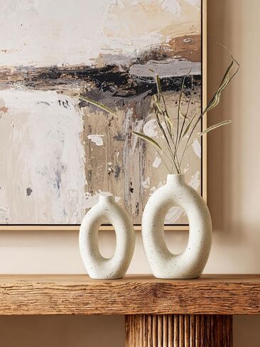 LE TAUCI Donut Vase Set of 2, 10.5" & 8.5" Hollow Ceramic Flower Vases, Nordic Decor Decorative Centerpiece for Living Room, Entry Table, Shelf, Mantel, Ivory Speckled in Saudi Arabia