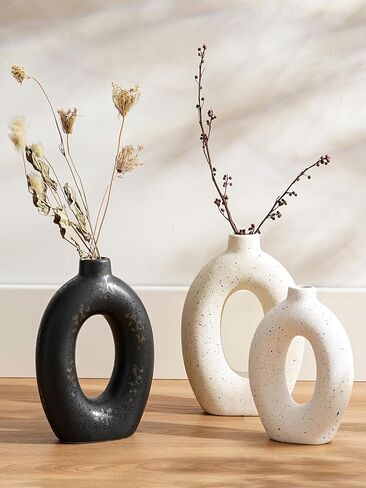 LE TAUCI Donut Vase Set of 2, 10.5" & 8.5" Hollow Ceramic Flower Vases, Nordic Decor Decorative Centerpiece for Living Room, Entry Table, Shelf, Mantel, Ivory Speckled in Saudi Arabia