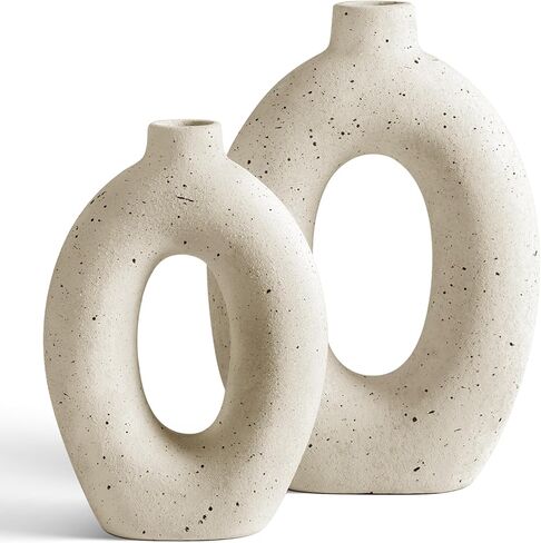 LE TAUCI Donut Vase Set of 2, 10.5" & 8.5" Hollow Ceramic Flower Vases, Nordic Decor Decorative Centerpiece for Living Room, Entry Table, Shelf, Mantel, Ivory Speckled in Saudi Arabia