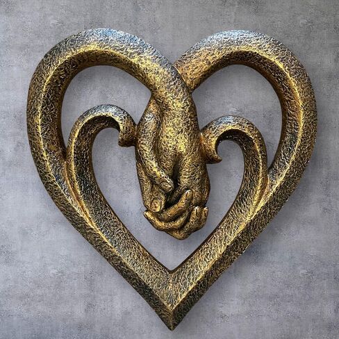 Top Brass Bronze Heart Wall Decor with Intertwined Holding Hands – Romantic Sculpted Love Symbol Wall Art – Rustic Textured Antique Finish – 8.5" Tall Decorative Accent in Saudi Arabia